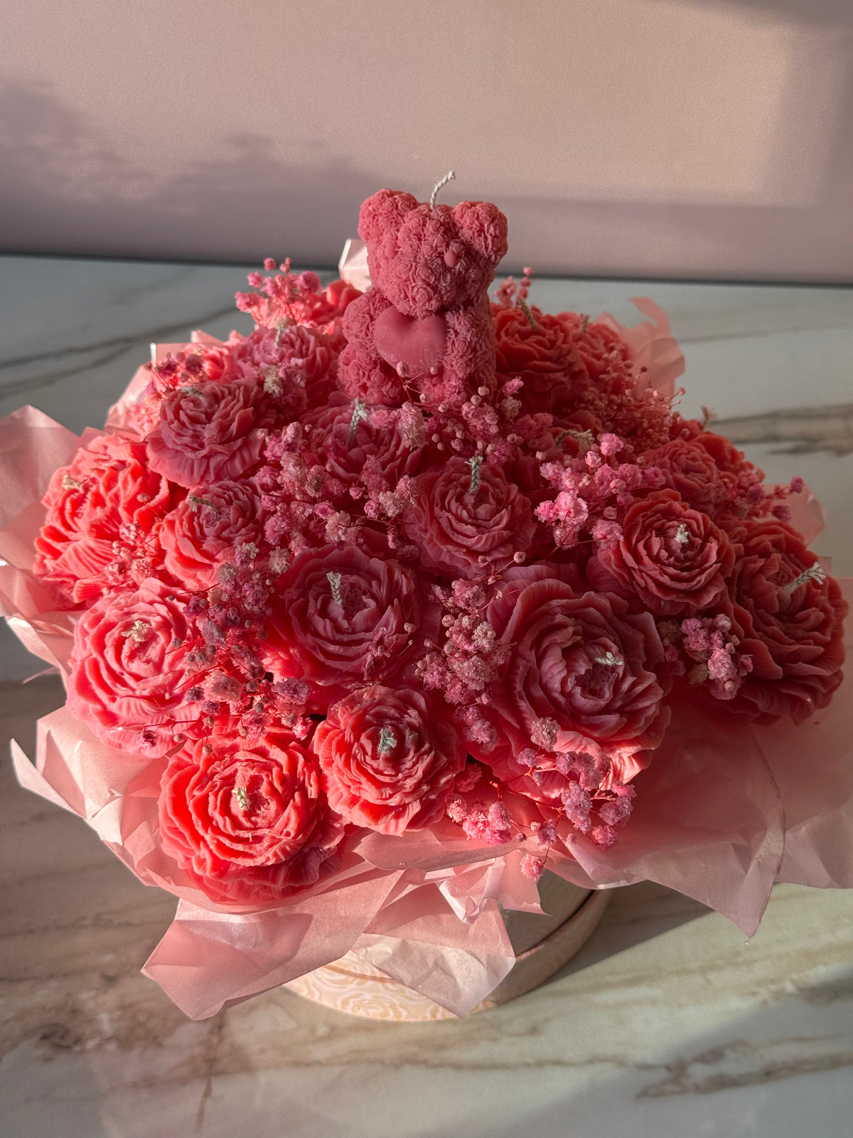 Sandalwood & Vanilla Pink Wax Flower Bouquet with Teddy Bear