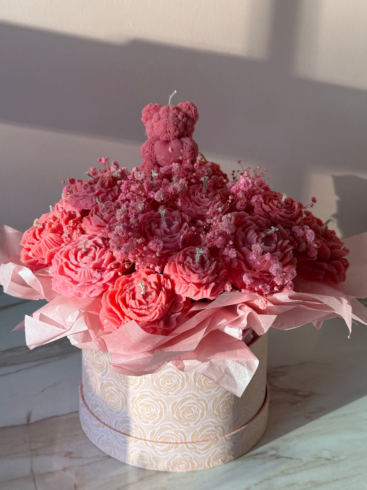 Sandalwood & Vanilla Pink Wax Flower Bouquet with Teddy Bear