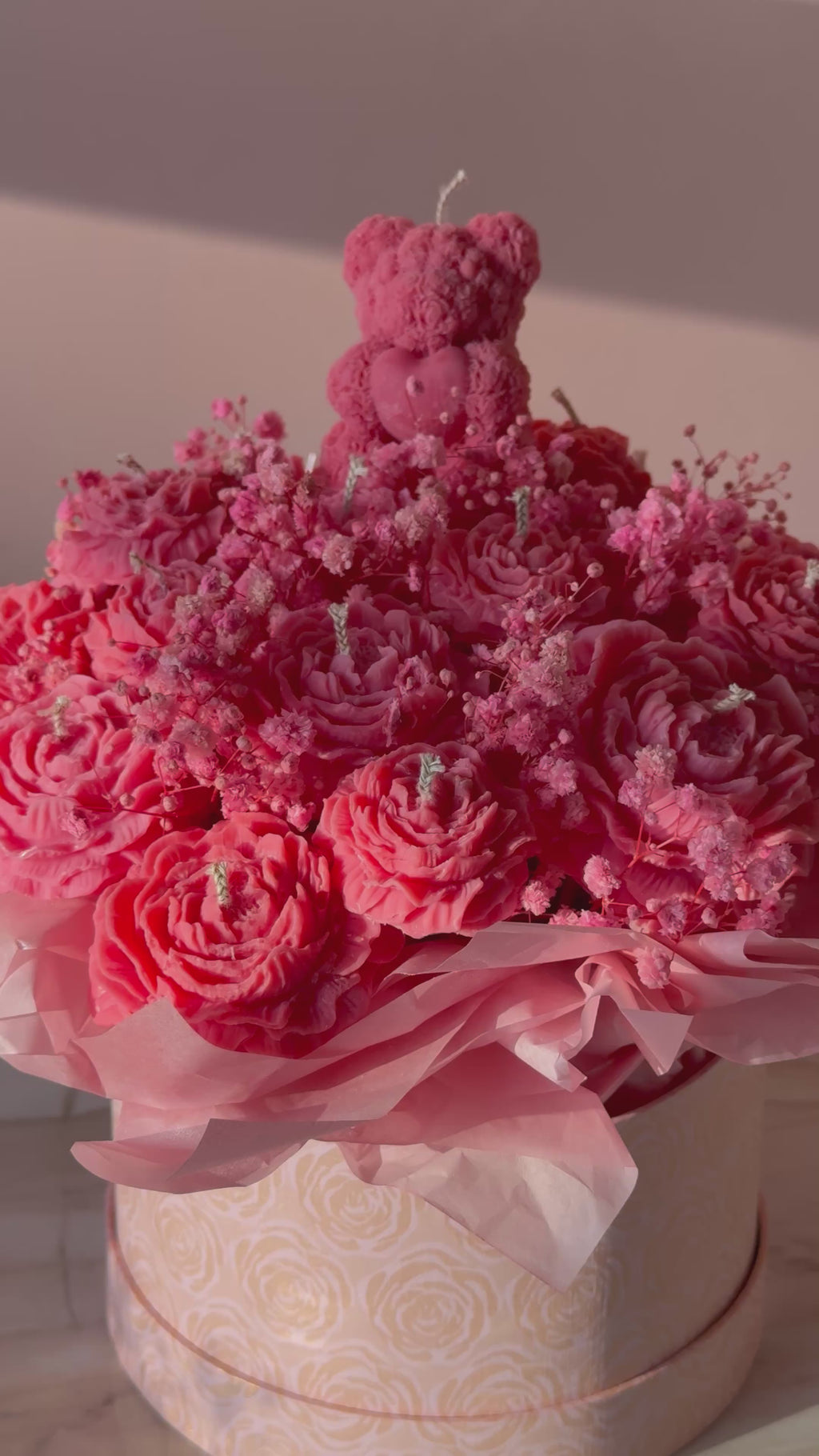 Sandalwood & Vanilla Pink Wax Flower Bouquet with Teddy Bear